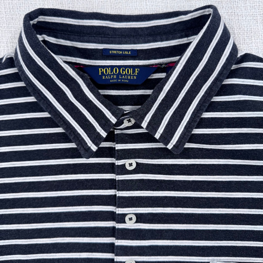 Polo Golf Ralph Lauren Mens Black White Striped Stretch Lisle Pima Polo Shirt L